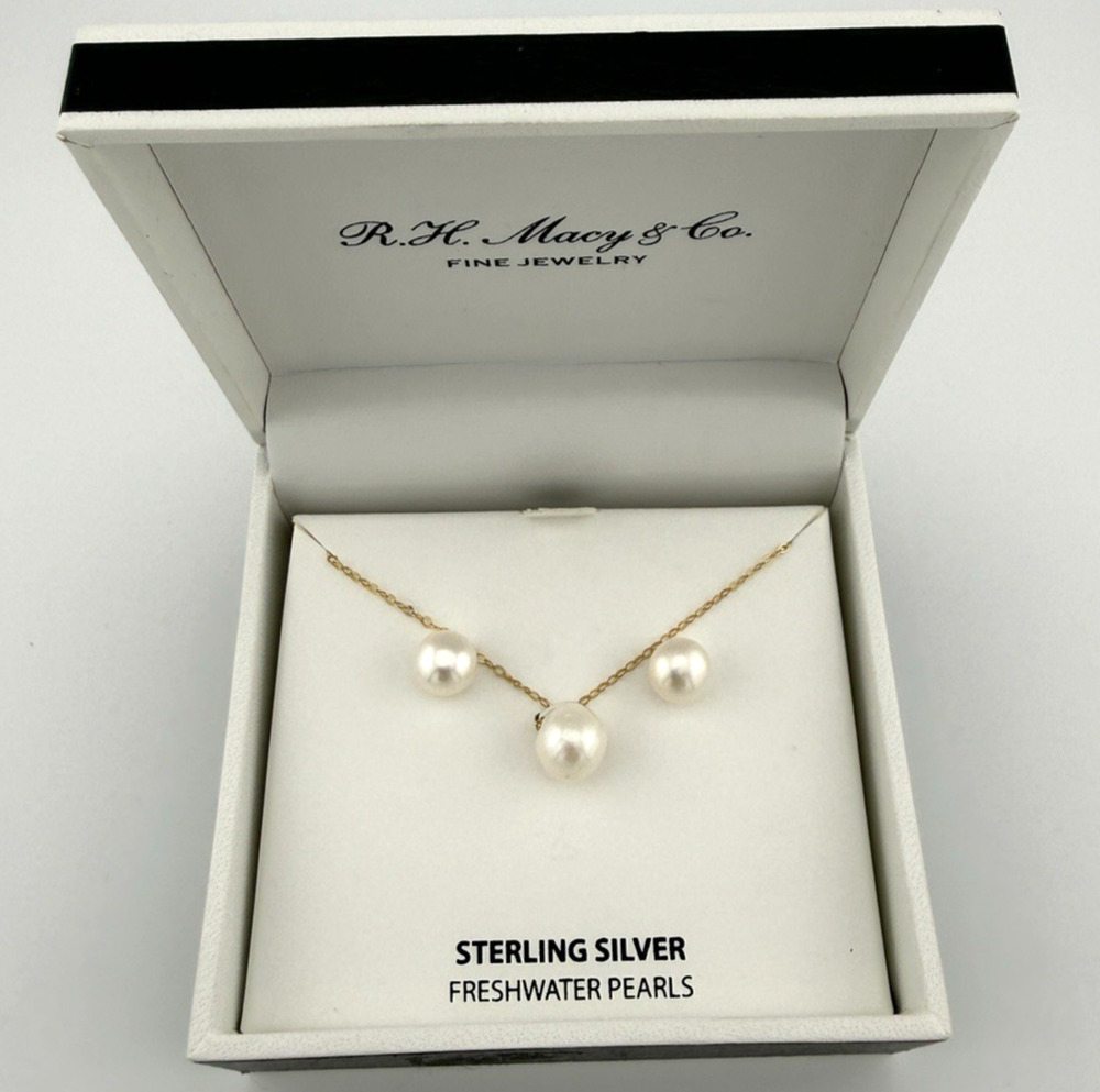Freshwater Pearl 8-10mm Necklace + Earrings Set 18K Gold Over Sterling Silver
